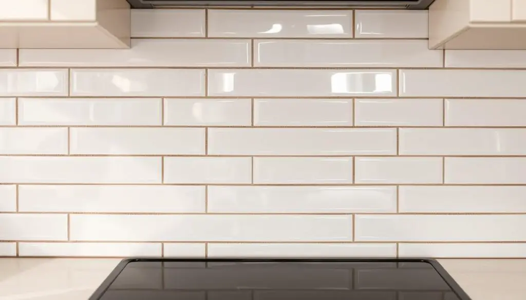 A crisp, well-lit close-up of a small kitchen backsplash featuring shimmering white glass tiles in a classic subway tile pattern. The tiles catch the soft, natural light, creating a lustrous, reflective surface that adds a touch of elegance to the space. The tiles are meticulously arranged, with perfectly aligned grout lines, creating a clean, polished look. The backsplash takes up the majority of the frame, with subtle hints of the surrounding kitchen cabinetry and countertop visible in the background, providing context. The overall mood is one of refined simplicity, highlighting the beauty and versatility of the shimmering white glass tiles.