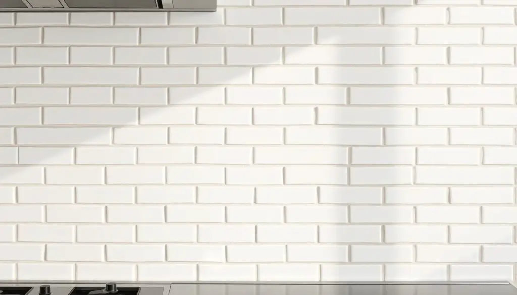 A crisp, well-lit close-up of a small kitchen backsplash made of white brick tiles, capturing the subtle texture and soft, natural shadows. The tiles are arranged in a simple, clean pattern, highlighting their uniform size and smooth finish. The backsplash takes up the majority of the frame, with a hint of the surrounding kitchen surfaces visible in the background, creating a sense of context. The lighting is soft and evenly distributed, accentuating the backsplash's sleek, modern aesthetic. The overall mood is one of minimalist elegance, showcasing the timeless appeal of a white brick backsplash in a small kitchen space.