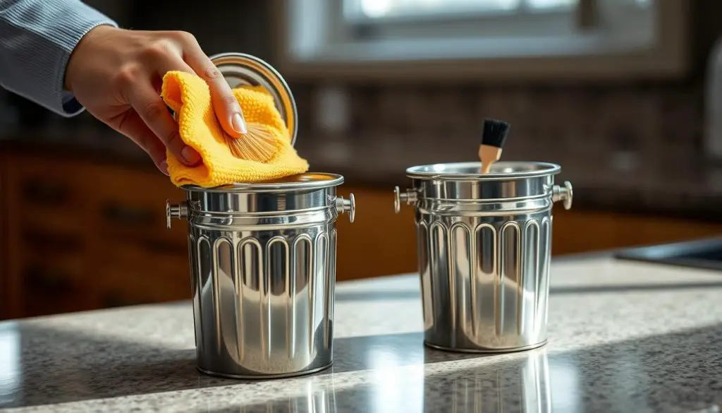 A kitchen countertop, softly illuminated by natural light filtering through a nearby window. On the counter, two miniature trash cans stand side by side, their lids open as they are carefully cleaned with a damp cloth and small brush. The cans are made of stainless steel, their surfaces gleaming, and the focus is on the delicate, meticulous process of maintaining these essential household items. The scene conveys a sense of order, attention to detail, and the importance of properly caring for even the smallest elements of a well-organized kitchen. A kitchen countertop, softly illuminated by natural light filtering through a nearby window. On the counter, two miniature trash cans stand side by side, their lids open as they are carefully cleaned with a damp cloth and small brush. The cans are made of stainless steel, their surfaces gleaming, and the focus is on the delicate, meticulous process of maintaining these essential household items. The scene conveys a sense of order, attention to detail, and the importance of properly caring for even the smallest elements of a well-organized kitchen.