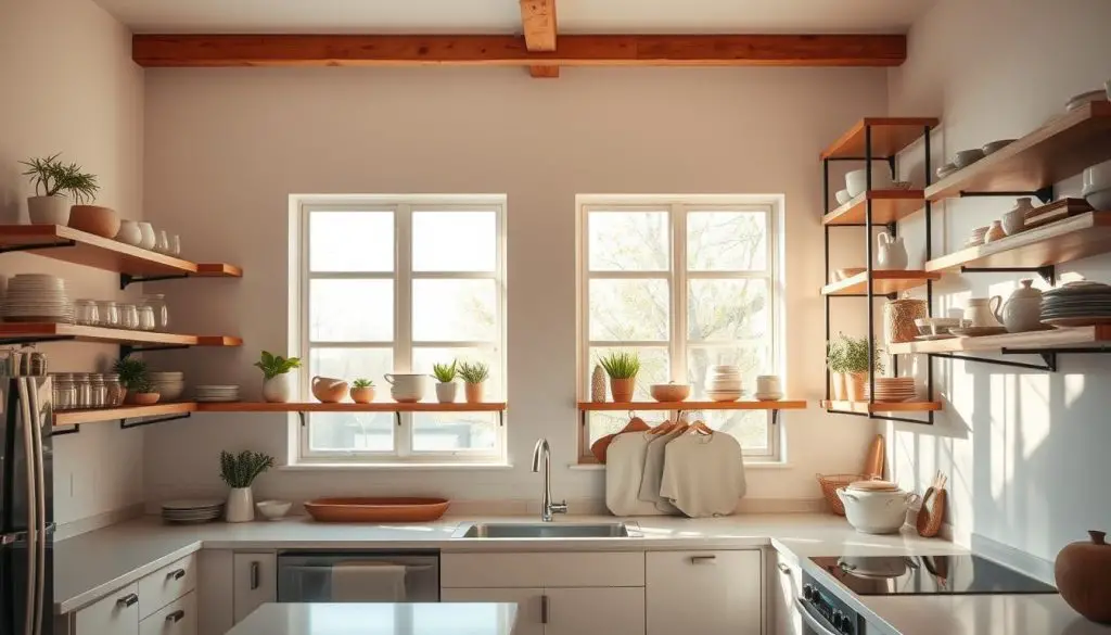 A minimalist, well-lit kitchen with open wooden shelving units spanning the walls, displaying a curated collection of earthenware, plants, and decorative objects. The shelves are arranged in a visually balanced and organized manner, creating a sense of effortless style. Warm, natural lighting filters in through large windows, casting a soft glow on the surfaces. The overall atmosphere is one of simplicity, functionality, and an appreciation for the beauty of everyday items.