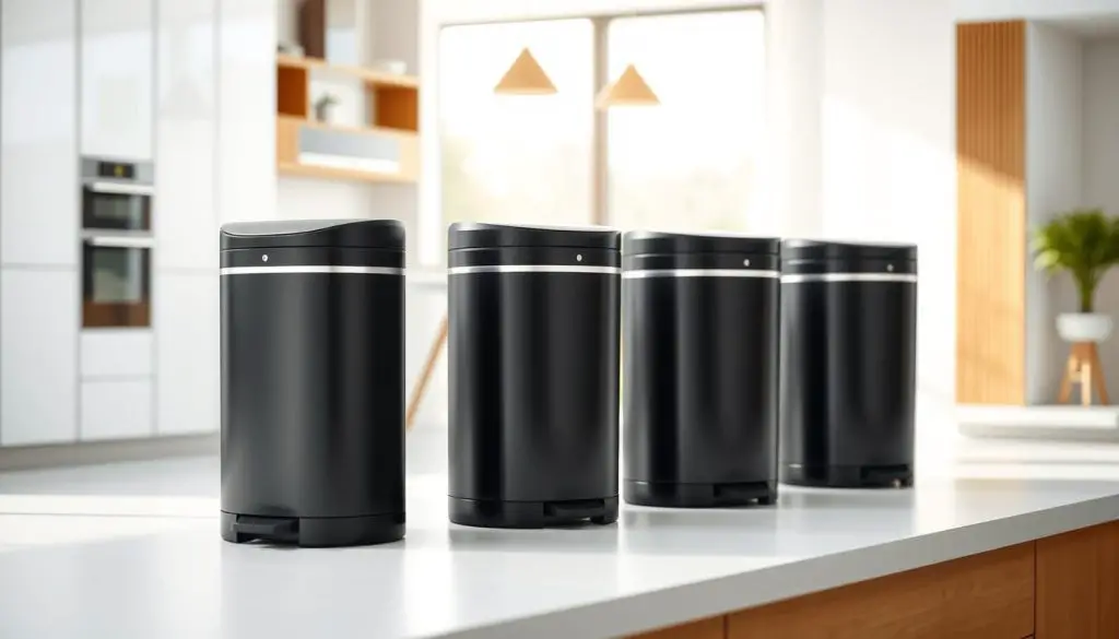 A modern, minimalist kitchen interior with a focus on a set of multi-functional garbage cans in the foreground. The cans are made of sleek, matte black steel with subtle silver accents, designed to blend seamlessly into the clean, contemporary aesthetic. They feature multiple compartments for sorting waste, with intuitive labels and a discreet foot pedal for hands-free operation. The middle ground showcases a bright, airy kitchen with white cabinetry, natural wood accents, and a large window letting in ample natural light. The background is softly blurred, creating a sense of depth and emphasizing the practical yet stylish garbage cans as the central element. The overall mood is one of efficiency, organization, and a refined, urban sensibility. A modern, minimalist kitchen interior with a focus on a set of multi-functional garbage cans in the foreground. The cans are made of sleek, matte black steel with subtle silver accents, designed to blend seamlessly into the clean, contemporary aesthetic. They feature multiple compartments for sorting waste, with intuitive labels and a discreet foot pedal for hands-free operation. The middle ground showcases a bright, airy kitchen with white cabinetry, natural wood accents, and a large window letting in ample natural light. The background is softly blurred, creating a sense of depth and emphasizing the practical yet stylish garbage cans as the central element. The overall mood is one of efficiency, organization, and a refined, urban sensibility.