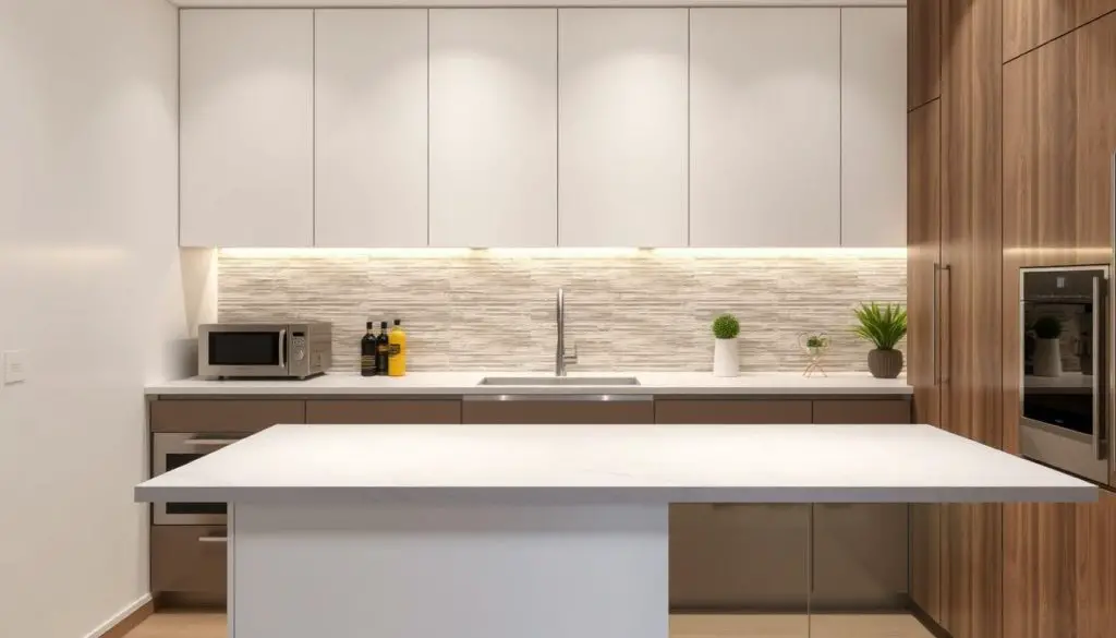 A modern small kitchen peninsula with a sleek, minimalist design. The peninsula features a gleaming quartz or marble countertop, seamlessly integrated with the surrounding cabinetry. The cabinets are in a neutral palette, such as white, gray, or a natural wood tone, creating a clean and contemporary aesthetic. Soft, indirect lighting illuminates the space, casting a warm glow and highlighting the textural details of the backsplash. The backsplash is a focal point, with a bold, patterned tile or a simple, yet elegant, subway tile design. The overall atmosphere is one of sophistication and functionality, perfectly complementing the section's title "Stylish Backsplashes to Complement Your Peninsula". A modern small kitchen peninsula with a sleek, minimalist design. The peninsula features a gleaming quartz or marble countertop, seamlessly integrated with the surrounding cabinetry. The cabinets are in a neutral palette, such as white, gray, or a natural wood tone, creating a clean and contemporary aesthetic. Soft, indirect lighting illuminates the space, casting a warm glow and highlighting the textural details of the backsplash. The backsplash is a focal point, with a bold, patterned tile or a simple, yet elegant, subway tile design. The overall atmosphere is one of sophistication and functionality, perfectly complementing the section's title "Stylish Backsplashes to Complement Your Peninsula".