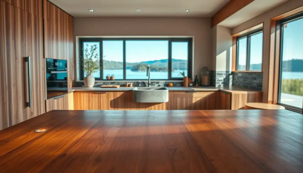 A modern, sustainably-focused kitchen featuring an array of natural materials. In the foreground, a sleek wooden countertop with embedded recessed lighting casts a warm glow. Midground showcases a variety of eco-friendly materials - bamboo cabinets, a stone farmhouse sink, and a tile backsplash made from recycled glass. The background depicts large windows overlooking a serene lake, allowing natural light to flood the space. Muted earth tones and clean lines create a calming, minimalist aesthetic. The overall scene conveys a sense of harmony between the kitchen and its natural surroundings, promoting a sustainable, environmentally-conscious lifestyle. A modern, sustainably-focused kitchen featuring an array of natural materials. In the foreground, a sleek wooden countertop with embedded recessed lighting casts a warm glow. Midground showcases a variety of eco-friendly materials - bamboo cabinets, a stone farmhouse sink, and a tile backsplash made from recycled glass. The background depicts large windows overlooking a serene lake, allowing natural light to flood the space. Muted earth tones and clean lines create a calming, minimalist aesthetic. The overall scene conveys a sense of harmony between the kitchen and its natural surroundings, promoting a sustainable, environmentally-conscious lifestyle.