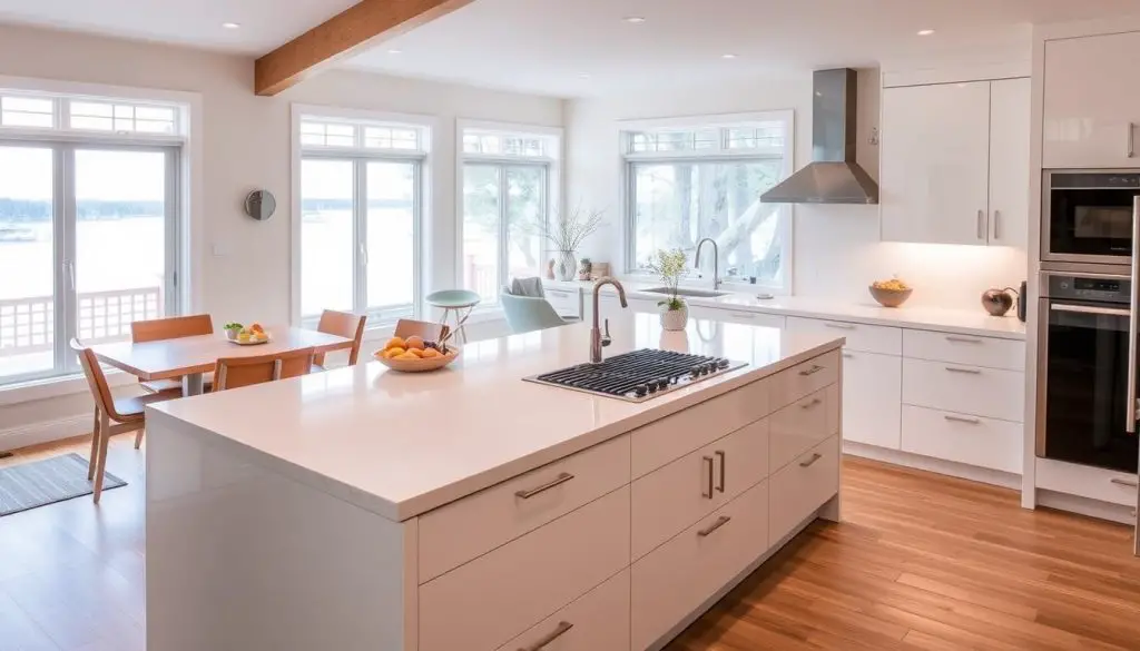 A modern, well-appointed kitchen island with a sleek, minimalist design. The island features a smooth, quartz countertop that seamlessly transitions into a built-in stovetop, sink, and ample storage space below. Soft, even lighting illuminates the island's clean lines, creating a warm and inviting atmosphere. The island is positioned in the center of the kitchen, serving as a multifunctional hub for meal preparation, casual dining, and social gathering. The surrounding area is filled with natural light, accentuating the island's contemporary aesthetic and reflecting the tranquil ambiance of a cozy lake house kitchen. A modern, well-appointed kitchen island with a sleek, minimalist design. The island features a smooth, quartz countertop that seamlessly transitions into a built-in stovetop, sink, and ample storage space below. Soft, even lighting illuminates the island's clean lines, creating a warm and inviting atmosphere. The island is positioned in the center of the kitchen, serving as a multifunctional hub for meal preparation, casual dining, and social gathering. The surrounding area is filled with natural light, accentuating the island's contemporary aesthetic and reflecting the tranquil ambiance of a cozy lake house kitchen.