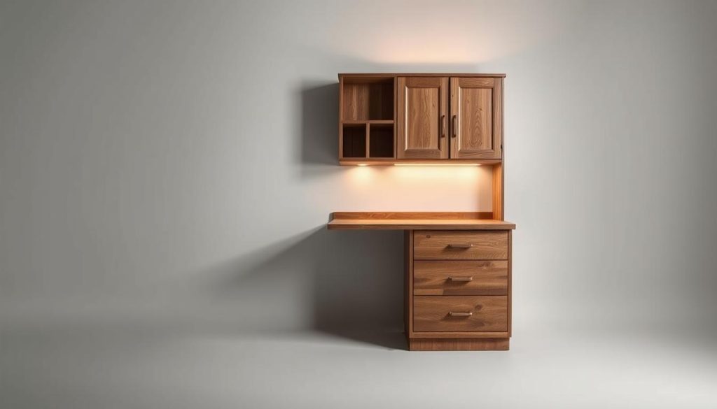 A repurposed kitchen cabinet transformed into a functional desk, its wooden frame and drawers subtly highlighted by warm, directional lighting. The piece is artfully positioned against a minimalist, monochrome background, drawing the viewer's eye to its unique, upcycled design. Subtle textures and a muted color palette evoke a sense of rustic elegance, while the clean, contemporary styling reflects a modern, space-saving sensibility. The overall composition conveys the harmonious blend of old and new, showcasing the versatility and charm of repurposed kitchen furniture.