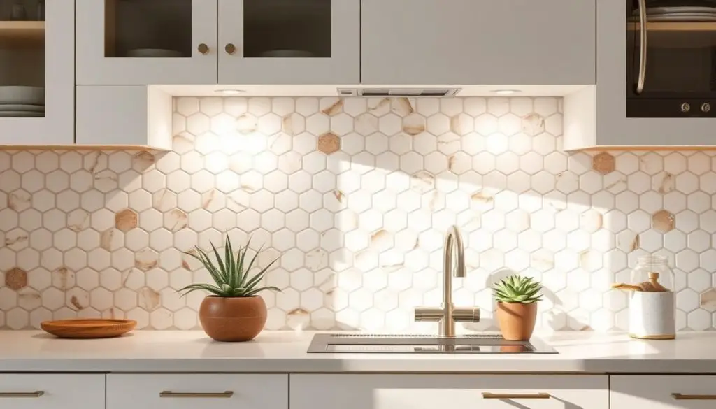 A serene, eco-friendly white kitchen backsplash with a natural, earthy aesthetic. Soft, diffused lighting illuminates a soothing pattern of interlocking hexagonal tiles, their subtle variations in tone evoking the textures of river stones. The backsplash extends from the countertop to the underside of the upper cabinets, creating a cohesive, minimalist design. Warm, wooden accents complement the clean, white palette, while potted succulents on the windowsill add a touch of verdant life. The overall impression is one of tranquility and environmental consciousness, perfectly suited for the "Eco-Friendly Backsplash Options" section.