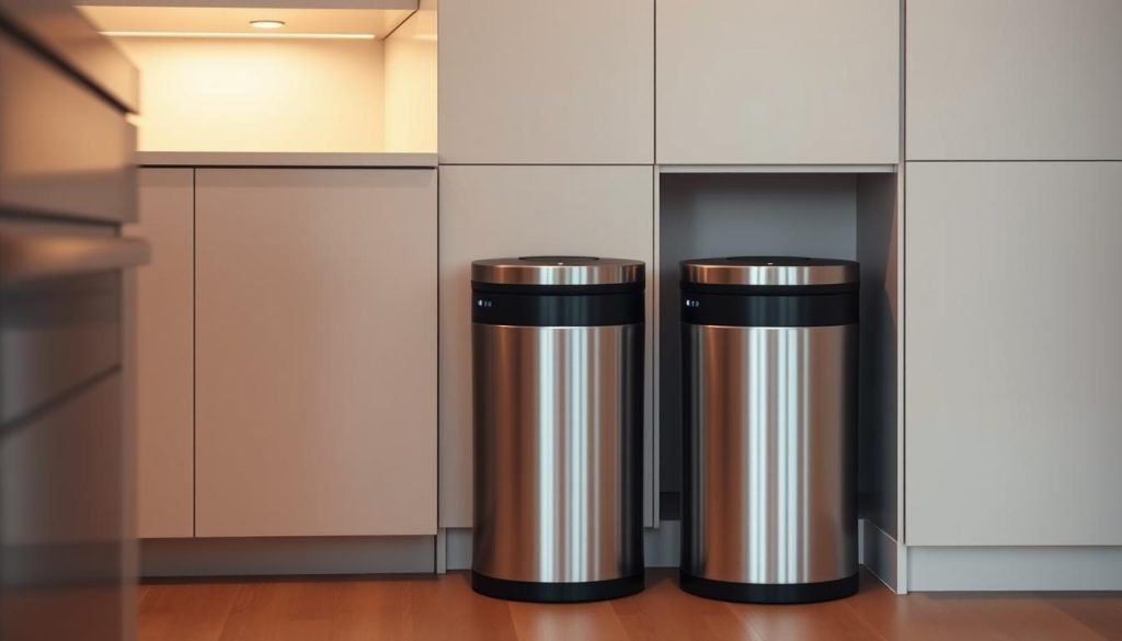 A sleek and modern kitchen with smart trash cans nestled in the corner. The cans are a striking shade of silver, their minimalist design complementing the clean lines of the room. Soft, diffused lighting casts a warm glow, illuminating the cans' intuitive touch sensors and subtle LED indicators. The cans seamlessly integrate into the surrounding cabinetry, their discreet presence belying their advanced features - automatic opening, odor control, and self-compacting mechanisms. The overall scene conveys a sense of effortless efficiency, where cutting-edge technology blends seamlessly with a sophisticated kitchen aesthetic. A sleek and modern kitchen with smart trash cans nestled in the corner. The cans are a striking shade of silver, their minimalist design complementing the clean lines of the room. Soft, diffused lighting casts a warm glow, illuminating the cans' intuitive touch sensors and subtle LED indicators. The cans seamlessly integrate into the surrounding cabinetry, their discreet presence belying their advanced features - automatic opening, odor control, and self-compacting mechanisms. The overall scene conveys a sense of effortless efficiency, where cutting-edge technology blends seamlessly with a sophisticated kitchen aesthetic.