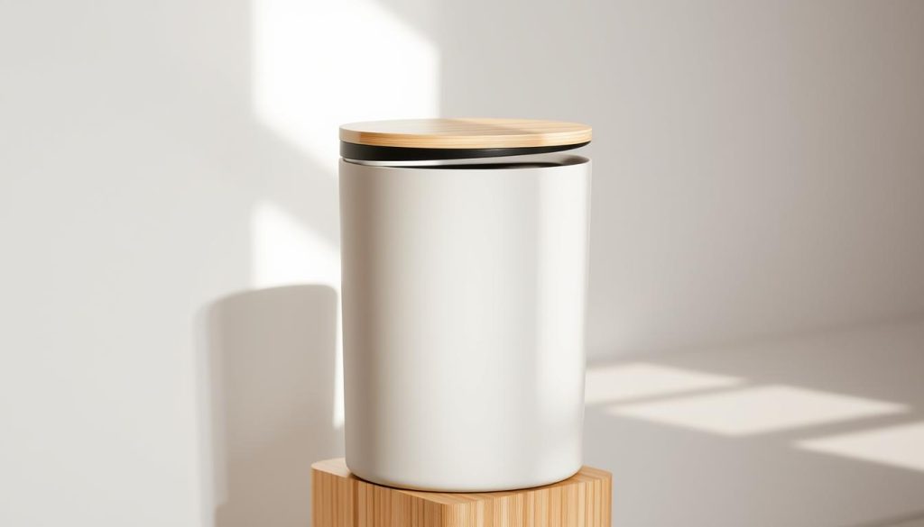 A sleek, contemporary eco-friendly garbage can made from sustainable materials like bamboo or recycled plastic. The can has a minimalist, streamlined design with a discrete lid that opens with a gentle push. Soft, diffused natural lighting illuminates the can, showcasing its neutral, earthy color palette that would seamlessly blend into a modern, environmentally-conscious kitchen. The can sits atop a wooden or concrete stand, elevated to be both visually appealing and ergonomic. The overall impression is one of clean, functional design that prioritizes sustainability and environmental responsibility. A sleek, contemporary eco-friendly garbage can made from sustainable materials like bamboo or recycled plastic. The can has a minimalist, streamlined design with a discrete lid that opens with a gentle push. Soft, diffused natural lighting illuminates the can, showcasing its neutral, earthy color palette that would seamlessly blend into a modern, environmentally-conscious kitchen. The can sits atop a wooden or concrete stand, elevated to be both visually appealing and ergonomic. The overall impression is one of clean, functional design that prioritizes sustainability and environmental responsibility.