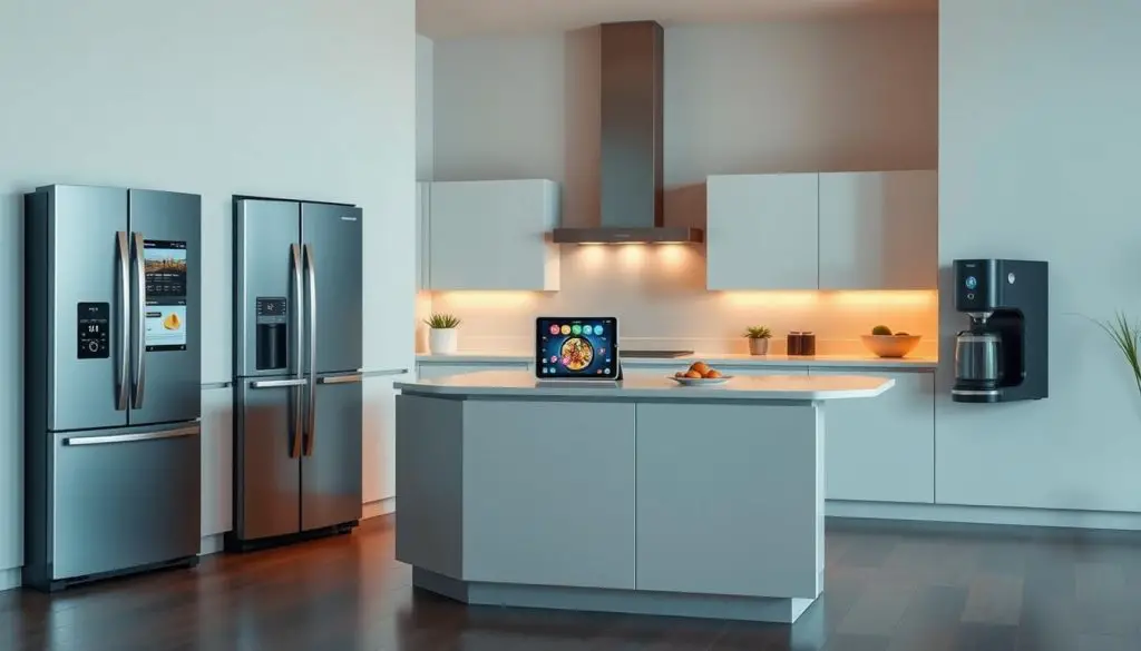 A sleek, modern kitchen with cutting-edge appliances showcased against a minimalist backdrop. In the foreground, a range of smart appliances including a touchscreen refrigerator, a voice-controlled oven, and a Wi-Fi enabled coffee maker. The middle ground features a stylish kitchen island with an integrated tablet for recipe browsing and smart home controls. In the background, the kitchen is bathed in warm, diffused lighting creating a cozy, inviting atmosphere. The overall scene conveys a sense of technological sophistication seamlessly blended with a streamlined, contemporary design aesthetic. A sleek, modern kitchen with cutting-edge appliances showcased against a minimalist backdrop. In the foreground, a range of smart appliances including a touchscreen refrigerator, a voice-controlled oven, and a Wi-Fi enabled coffee maker. The middle ground features a stylish kitchen island with an integrated tablet for recipe browsing and smart home controls. In the background, the kitchen is bathed in warm, diffused lighting creating a cozy, inviting atmosphere. The overall scene conveys a sense of technological sophistication seamlessly blended with a streamlined, contemporary design aesthetic.
