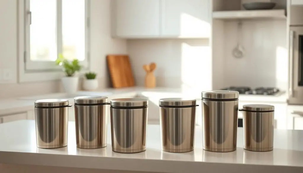 A small, compact kitchen with minimalist decor. In the foreground, several miniature stainless steel trash cans in various sizes and shapes are neatly arranged on a sleek, white countertop. The cans have a modern, space-saving design with slim profiles and discreet lids. Soft, natural lighting from a large window bathes the scene in a warm, inviting glow. The middle ground features a few potted plants and a simple, wooden utensil holder, creating a sense of balance and organization. In the background, the kitchen's clean, contemporary cabinetry and backsplash tiles complement the overall aesthetic. The entire composition conveys a harmonious, clutter-free atmosphere, highlighting the compact, efficient nature of the miniature trash cans. A small, compact kitchen with minimalist decor. In the foreground, several miniature stainless steel trash cans in various sizes and shapes are neatly arranged on a sleek, white countertop. The cans have a modern, space-saving design with slim profiles and discreet lids. Soft, natural lighting from a large window bathes the scene in a warm, inviting glow. The middle ground features a few potted plants and a simple, wooden utensil holder, creating a sense of balance and organization. In the background, the kitchen's clean, contemporary cabinetry and backsplash tiles complement the overall aesthetic. The entire composition conveys a harmonious, clutter-free atmosphere, highlighting the compact, efficient nature of the miniature trash cans.
