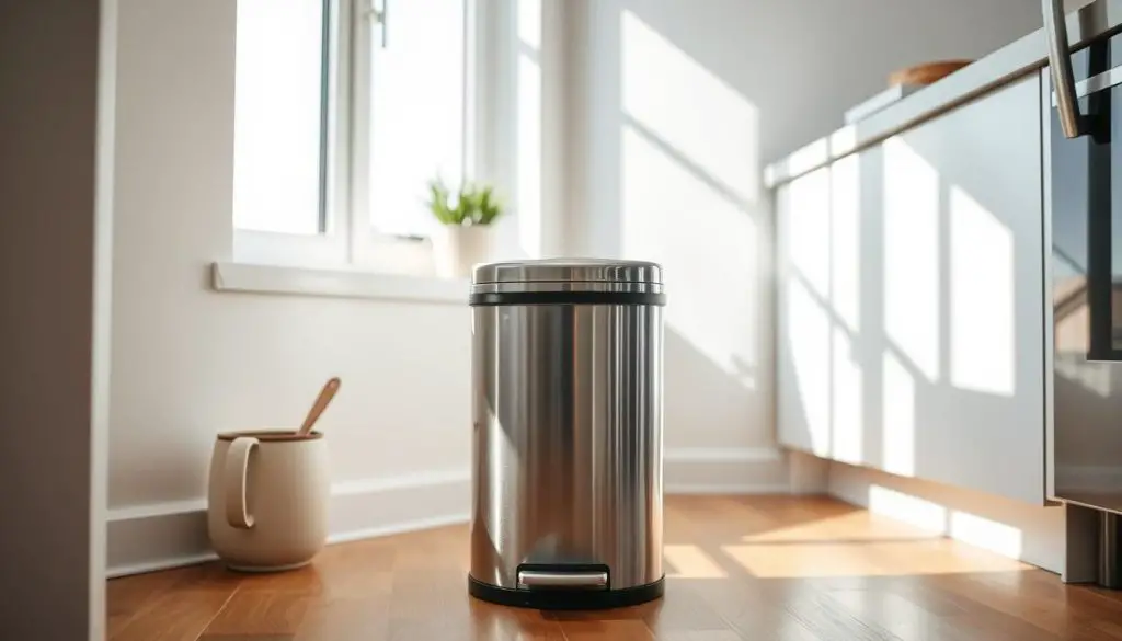 A small kitchen garbage can nestled in a minimalist, modern kitchen setting. Bright, natural lighting filters through a window, casting soft shadows and highlighting the can's sleek, stainless steel design. The can is positioned on a hardwood floor, complementing the neutral color palette of the room. Surrounding the can are various kitchen accessories, such as a potted plant and a few cooking utensils, creating a cohesive and organized atmosphere. The can's size is proportional to the kitchen's dimensions, showcasing how a well-chosen, compact garbage solution can seamlessly integrate into a small, efficient cooking space. A small kitchen garbage can nestled in a minimalist, modern kitchen setting. Bright, natural lighting filters through a window, casting soft shadows and highlighting the can's sleek, stainless steel design. The can is positioned on a hardwood floor, complementing the neutral color palette of the room. Surrounding the can are various kitchen accessories, such as a potted plant and a few cooking utensils, creating a cohesive and organized atmosphere. The can's size is proportional to the kitchen's dimensions, showcasing how a well-chosen, compact garbage solution can seamlessly integrate into a small, efficient cooking space.