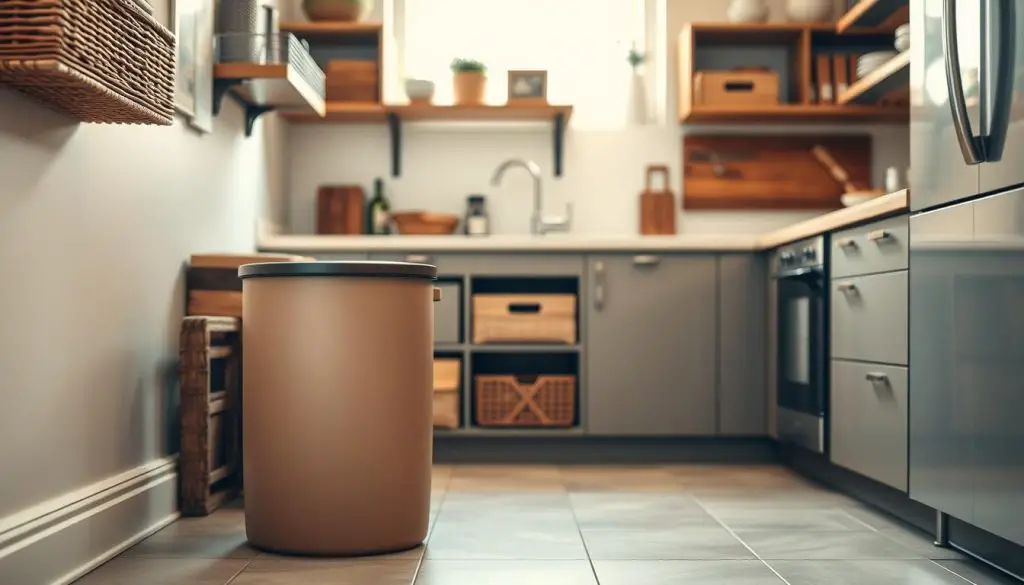 A small, modern kitchen with warm, natural lighting. In the foreground, a sleek, minimalist garbage can in a muted, earthy tone sits on the tile floor, its simple design and compact size blending seamlessly into the space. Surrounding it, various storage solutions like woven baskets, wooden crates, and floating shelves create a cohesive, organized look. In the background, the kitchen countertops are clear, showcasing the clean, uncluttered aesthetic. The overall mood is one of calm, refined efficiency, perfectly suited for a small kitchen space. A small, modern kitchen with warm, natural lighting. In the foreground, a sleek, minimalist garbage can in a muted, earthy tone sits on the tile floor, its simple design and compact size blending seamlessly into the space. Surrounding it, various storage solutions like woven baskets, wooden crates, and floating shelves create a cohesive, organized look. In the background, the kitchen countertops are clear, showcasing the clean, uncluttered aesthetic. The overall mood is one of calm, refined efficiency, perfectly suited for a small kitchen space.