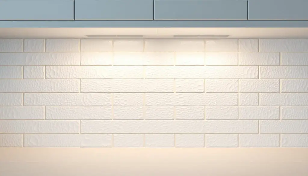 A textured white backsplash with subtle variations in surface pattern, capturing the interplay of light and shadow. The tiles are arranged in a clean, minimalist grid, with a slight sheen that adds depth and visual interest. The backsplash extends from the countertop to the upper cabinets, creating a seamless, unified backdrop for the kitchen. Soft, diffused lighting casts a warm glow, accentuating the depth and texture of the tiles. The overall effect is a refined, elegant, and visually calming space that complements the clean, white aesthetic of the kitchen.