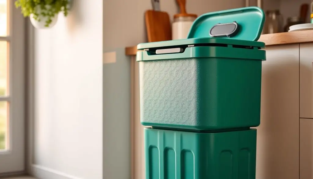 A well-designed, customizable garbage can cover made of durable, weather-resistant materials such as powder-coated steel or high-density polyethylene. The cover features a sleek, modern design with a removable lid for easy access and a sturdy base that can be anchored to the ground. The cover is available in a variety of vibrant, on-trend colors that can be easily swapped out to match the kitchen decor. Soft, rounded edges and a minimalist aesthetic create a visually appealing and functional storage solution for the kitchen. Ambient lighting from a nearby window casts a warm, natural glow, highlighting the cover's textured surface and attention to detail. A well-designed, customizable garbage can cover made of durable, weather-resistant materials such as powder-coated steel or high-density polyethylene. The cover features a sleek, modern design with a removable lid for easy access and a sturdy base that can be anchored to the ground. The cover is available in a variety of vibrant, on-trend colors that can be easily swapped out to match the kitchen decor. Soft, rounded edges and a minimalist aesthetic create a visually appealing and functional storage solution for the kitchen. Ambient lighting from a nearby window casts a warm, natural glow, highlighting the cover's textured surface and attention to detail.