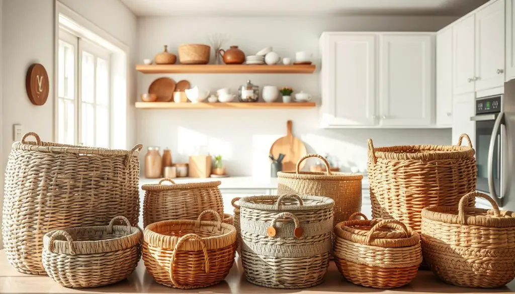 A well-lit, airy kitchen with natural sunlight streaming in. In the foreground, an assortment of woven baskets in various shapes and sizes - some round, some rectangular, some with handles, some without - arranged on the countertop. The baskets are in a variety of earthy, neutral tones like beige, gray, and brown, complementing the kitchen's warm, rustic aesthetic. In the middle ground, a few open shelves display carefully curated kitchen items, adding to the overall sense of organization and creativity. The background features clean, white cabinetry and a minimalist backsplash, allowing the baskets to take center stage. The overall composition conveys a harmonious, functional, and visually appealing storage solution for the kitchen.
