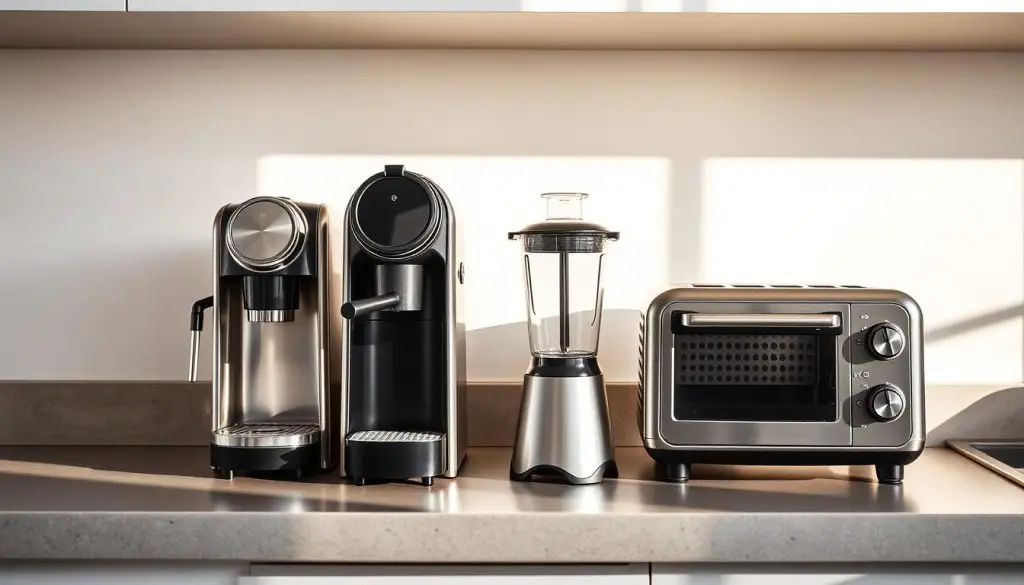 A well-lit, high-contrast photograph of a countertop showcasing a compact, modern kitchen appliance set, including a sleek, space-saving espresso machine, a mini-blender, and a small toaster oven. The appliances are arranged in a visually appealing, symmetrical layout, with clean lines and a minimalist aesthetic. The scene is illuminated by natural light, casting soft shadows and highlighting the appliances' polished, metallic finishes. The background is slightly blurred, creating a sense of depth and focus on the subject. The overall mood is one of efficiency, functionality, and attention to detail, reflecting the space-saving needs of a small kitchen. A well-lit, high-contrast photograph of a countertop showcasing a compact, modern kitchen appliance set, including a sleek, space-saving espresso machine, a mini-blender, and a small toaster oven. The appliances are arranged in a visually appealing, symmetrical layout, with clean lines and a minimalist aesthetic. The scene is illuminated by natural light, casting soft shadows and highlighting the appliances' polished, metallic finishes. The background is slightly blurred, creating a sense of depth and focus on the subject. The overall mood is one of efficiency, functionality, and attention to detail, reflecting the space-saving needs of a small kitchen.
