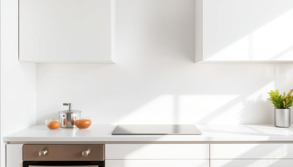 A well-lit kitchen backsplash in a crisp, clean white color. The surface is a smooth, satin finish, with subtle brushstrokes visible, creating a handpainted aesthetic. The backsplash extends from the countertop to the upper cabinets, filling the space with a cohesive, elegant look. Warm, natural lighting from above casts soft shadows, accentuating the textured surface. The overall mood is one of simple sophistication, complementing the minimal, modern kitchen design.