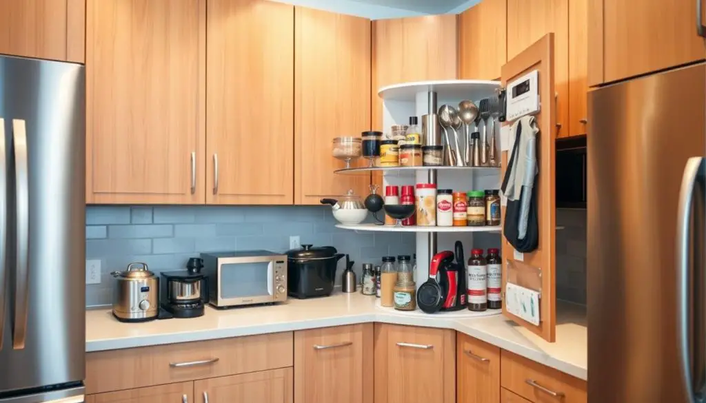 A well-lit, modern kitchen with natural wood cabinets and stainless steel appliances. The camera focuses on a corner cabinet with a lazy susan inside, revealing its contents neatly organized. The lazy susan rotates smoothly, showcasing a variety of cooking utensils, spice jars, and small appliances. The lighting is soft and diffused, creating a warm, inviting atmosphere. The image is captured from an elevated angle, giving a clear view of the cabinet's interior and the lazy susan's functionality. The overall scene conveys the efficiency and convenience of using a lazy susan in a corner cabinet to maximize kitchen storage space.
