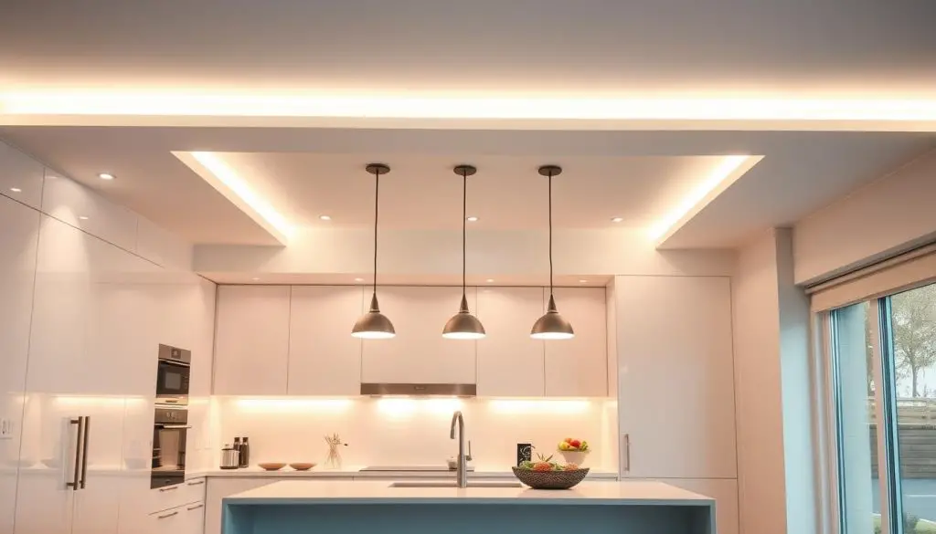 A well-lit modern kitchen with various lighting solutions, including recessed ceiling lights, under-cabinet task lighting, and pendant lamps over a sleek kitchen island. The lighting creates a warm, inviting atmosphere, illuminating the clean lines of the minimalist design. The image should convey efficiency, functionality, and a sense of coziness, capturing the essence of a small kitchen without cabinets.