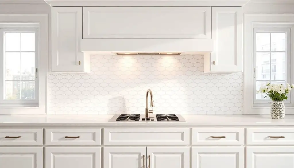 A well-lit, spacious white kitchen with a stunning backsplash design. The backsplash features a intricate geometric pattern of clean, minimalist white tiles that create a seamless, elegant look. The tiles are arranged in a subtle, eye-catching design that adds depth and visual interest to the kitchen. The backsplash is illuminated by soft, natural lighting from large windows, casting a warm, inviting glow. The kitchen's overall bright, airy atmosphere is complemented by the backsplash's crisp, modern aesthetic, creating a harmonious and functional space.
