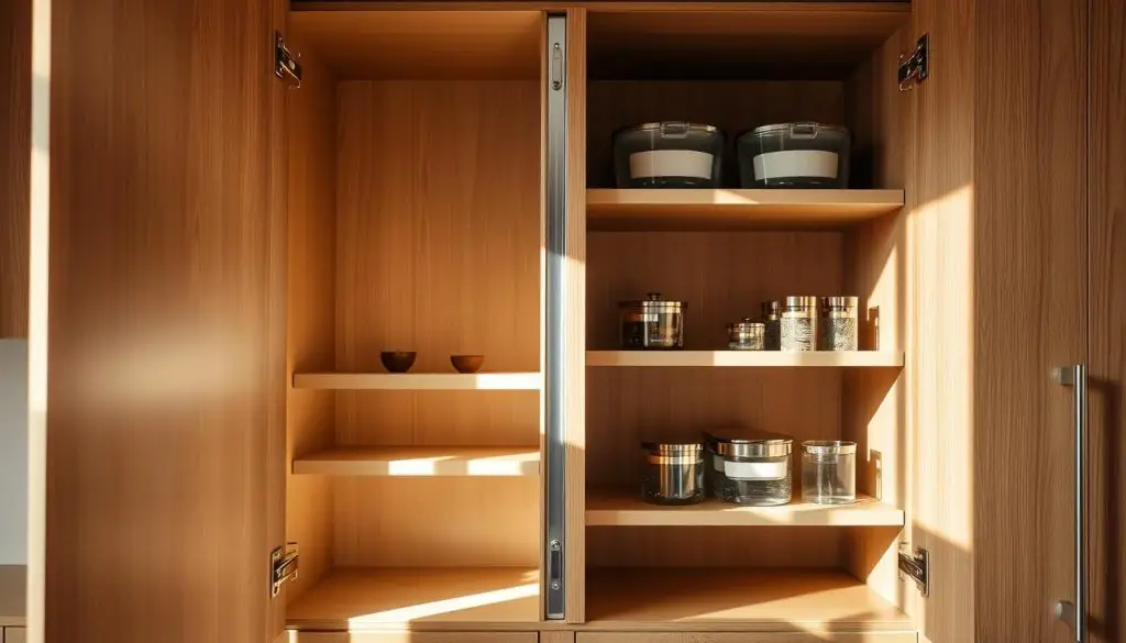 A well-organized kitchen cabinet with sliding shelves, bathed in warm, natural lighting. The shelves gracefully glide along smooth tracks, revealing an efficient storage solution that maximizes depth. The cabinet's interior is meticulously arranged, featuring clean, minimalist design and clever organizational tools. Stainless steel hardware gleams, complementing the muted, earthy tones of the wood grain. The overall impression is one of harmony, functionality, and a streamlined aesthetic that elevates the kitchen's visual appeal.