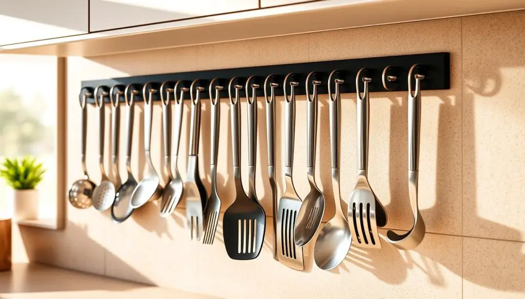 A well-organized kitchen countertop with a row of sleek, black magnetic strips mounted on the wall, each holding a variety of stainless steel utensils, their metal handles clinging firmly to the magnetized surface. The utensils are arranged in an orderly fashion, creating a visually pleasing and practical storage solution. The kitchen is bathed in warm, natural lighting, creating a cozy and inviting atmosphere. The magnetic strips stand out against the neutral-toned backsplash, providing a modern and functional focal point in the space.