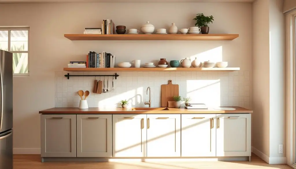 A well-organized small kitchen peninsula, bathed in warm, natural lighting from large windows. The countertop is adorned with carefully curated kitchen essentials - a sleek ceramic mug, a wooden spoon holder, and a few decorative succulents. The open shelving above showcases a neatly arranged collection of cookbooks, spice jars, and stylish ceramic pieces. The cabinet doors below are in a muted, modern color palette, complementing the light-colored hardwood floors. The entire scene exudes a sense of calm and efficiency, inspiring ideas for maximizing the storage and display potential of a compact peninsula area. A well-organized small kitchen peninsula, bathed in warm, natural lighting from large windows. The countertop is adorned with carefully curated kitchen essentials - a sleek ceramic mug, a wooden spoon holder, and a few decorative succulents. The open shelving above showcases a neatly arranged collection of cookbooks, spice jars, and stylish ceramic pieces. The cabinet doors below are in a muted, modern color palette, complementing the light-colored hardwood floors. The entire scene exudes a sense of calm and efficiency, inspiring ideas for maximizing the storage and display potential of a compact peninsula area.