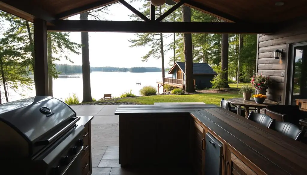 An expansive outdoor kitchen overlooking a serene lake, surrounded by lush greenery and a cozy lakehouse. In the foreground, a modern gas grill and weathered wooden countertops invite al fresco dining. The middle ground features a large sliding glass door, allowing the kitchen to seamlessly blend with the tranquil lakeside patio. In the background, tall trees frame the view of the still, glassy lake, bathed in soft, natural lighting. The atmosphere exudes a sense of rustic elegance and effortless indoor-outdoor living. An expansive outdoor kitchen overlooking a serene lake, surrounded by lush greenery and a cozy lakehouse. In the foreground, a modern gas grill and weathered wooden countertops invite al fresco dining. The middle ground features a large sliding glass door, allowing the kitchen to seamlessly blend with the tranquil lakeside patio. In the background, tall trees frame the view of the still, glassy lake, bathed in soft, natural lighting. The atmosphere exudes a sense of rustic elegance and effortless indoor-outdoor living.