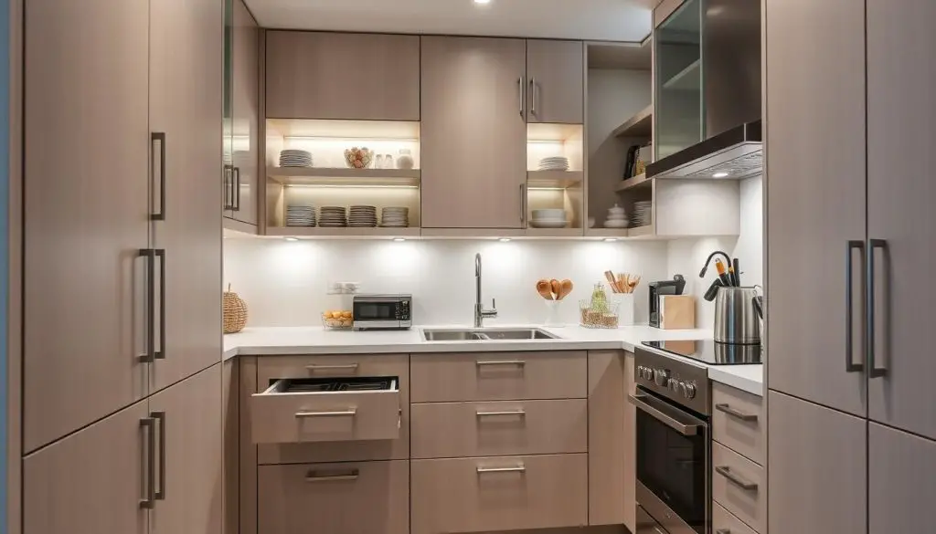 Compact kitchen storage solutions: A well-organized, modern kitchen with sleek cabinets, drawers, and shelves optimized for maximum storage capacity. Soft lighting illuminates the clean, minimalist design, accentuating the efficient use of space. Stainless steel appliances and a neutral color palette create a harmonious, high-end aesthetic. Carefully curated kitchen items are neatly tucked away, leaving a clutter-free, visually appealing countertop. The camera captures the kitchen from a slightly elevated angle, highlighting the seamless integration of storage and design. Compact kitchen storage solutions: A well-organized, modern kitchen with sleek cabinets, drawers, and shelves optimized for maximum storage capacity. Soft lighting illuminates the clean, minimalist design, accentuating the efficient use of space. Stainless steel appliances and a neutral color palette create a harmonious, high-end aesthetic. Carefully curated kitchen items are neatly tucked away, leaving a clutter-free, visually appealing countertop. The camera captures the kitchen from a slightly elevated angle, highlighting the seamless integration of storage and design.