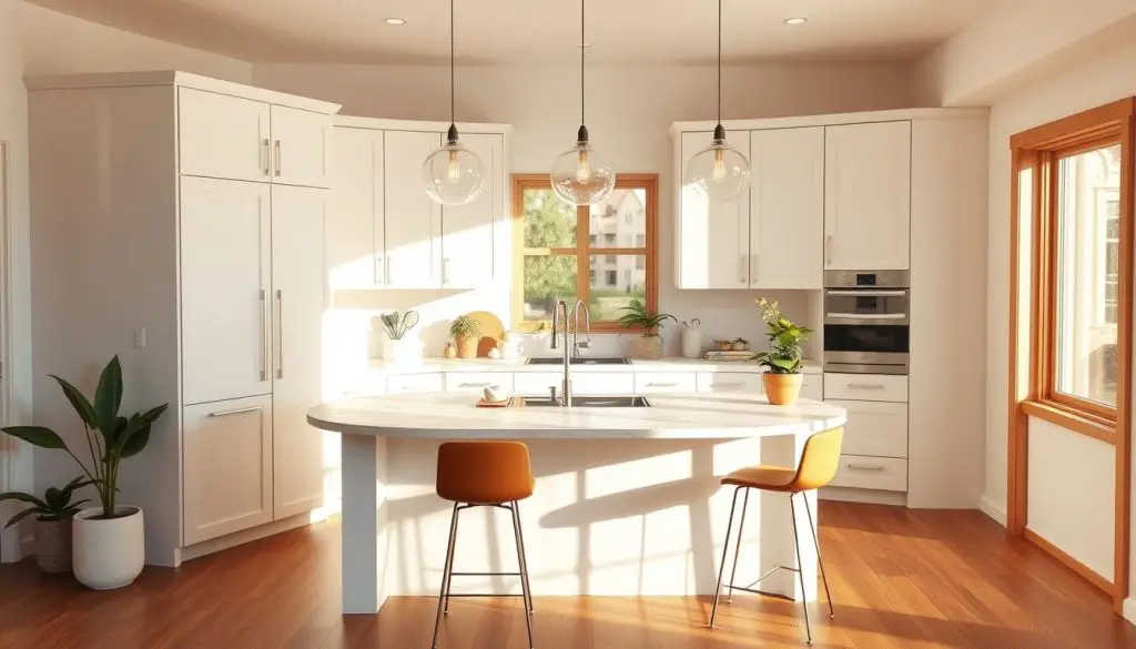 Cozy small kitchen layout with a central peninsula, bathed in warm, natural lighting. Sleek, minimalist cabinets in a soothing neutral palette, complemented by a contrasting quartz countertop that seamlessly flows into the peninsula. The peninsula, with its rounded edges, provides ample seating and a welcoming gathering space. Elegant pendant lights hover above, casting a soft glow. Hardwood floors and a few potted plants add organic touches, creating a harmonious and inviting atmosphere. The layout is designed to maximize efficiency and functionality within the limited space, showcasing how a well-considered peninsula can transform a compact kitchen. Cozy small kitchen layout with a central peninsula, bathed in warm, natural lighting. Sleek, minimalist cabinets in a soothing neutral palette, complemented by a contrasting quartz countertop that seamlessly flows into the peninsula. The peninsula, with its rounded edges, provides ample seating and a welcoming gathering space. Elegant pendant lights hover above, casting a soft glow. Hardwood floors and a few potted plants add organic touches, creating a harmonious and inviting atmosphere. The layout is designed to maximize efficiency and functionality within the limited space, showcasing how a well-considered peninsula can transform a compact kitchen.