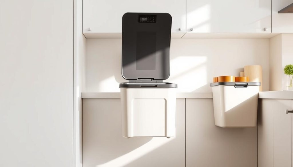 Functional and space-saving trash bins, seen from an angled perspective, illuminated by soft natural lighting. The bins are positioned against a minimalist kitchen backdrop, showcasing their sleek, modern designs that integrate seamlessly with the surrounding cabinetry and countertops. The arrangement highlights their compact, wall-mounted or under-sink form factors, optimized for small kitchens. Subtle details, such as the bins' discreet color schemes and hidden mechanisms, emphasize their practical features while maintaining a clean, uncluttered aesthetic. The overall scene conveys a sense of efficiency and thoughtful organization, complementing the "Functional Features to Consider" section of the article. Functional and space-saving trash bins, seen from an angled perspective, illuminated by soft natural lighting. The bins are positioned against a minimalist kitchen backdrop, showcasing their sleek, modern designs that integrate seamlessly with the surrounding cabinetry and countertops. The arrangement highlights their compact, wall-mounted or under-sink form factors, optimized for small kitchens. Subtle details, such as the bins' discreet color schemes and hidden mechanisms, emphasize their practical features while maintaining a clean, uncluttered aesthetic. The overall scene conveys a sense of efficiency and thoughtful organization, complementing the "Functional Features to Consider" section of the article.