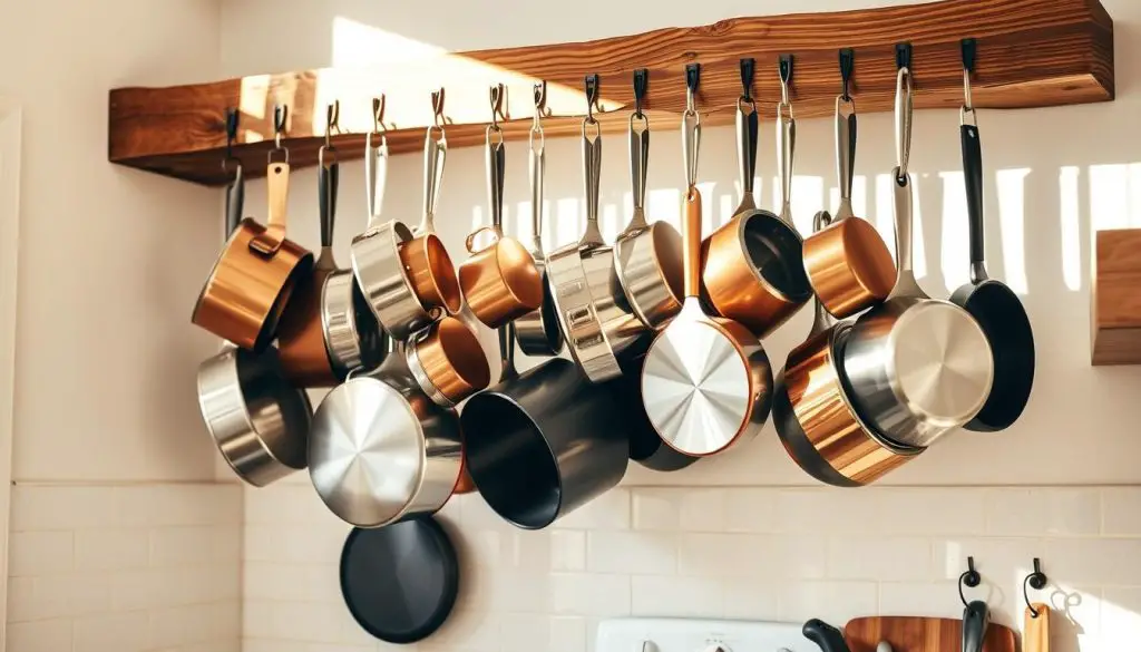 Hanging pots and pans in a cozy, well-lit kitchen. A cascade of copper, stainless steel, and cast iron cookware suspended from a rustic wooden beam, casting warm, diffused shadows across the tiled backsplash. The pots and pans are arranged in an artful, asymmetrical display, their diverse shapes and sizes creating a visually interesting composition. Soft, directional lighting from above highlights the luster and texture of the metal surfaces, while a neutral color palette of whites, grays, and natural wood tones establishes a serene, inviting atmosphere. The overall scene conveys a sense of organization, functionality, and culinary inspiration within a small, efficiently designed kitchen space.
