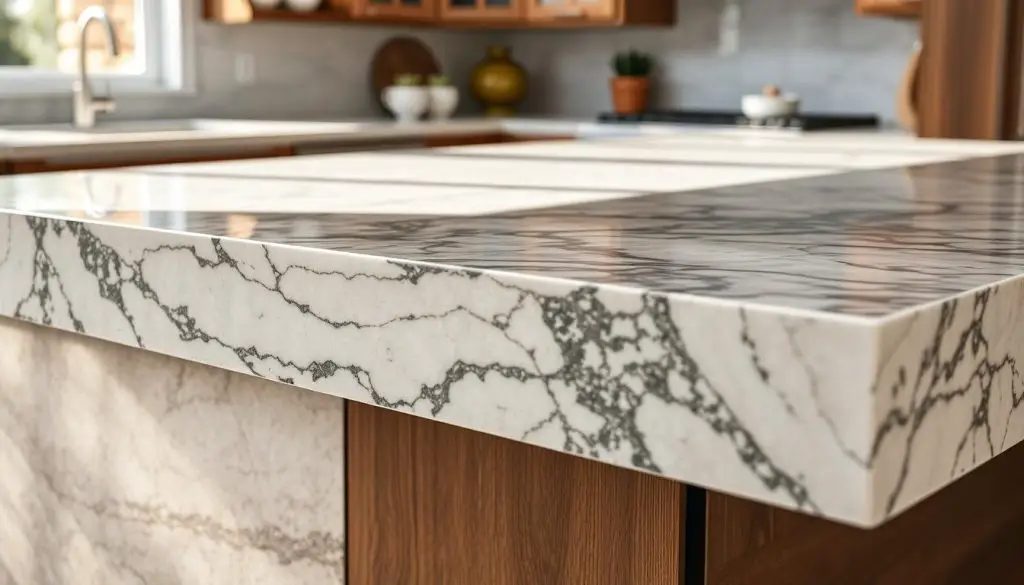 High-quality, detailed image of a kitchen peninsula countertop featuring a variety of premium materials. The countertop takes up the majority of the frame, showcasing different textures and finishes such as marble, granite, quartz, and wood. The lighting is soft and natural, creating a warm, inviting atmosphere. The camera angle is slightly elevated to provide a clear, unobstructed view of the countertop's surface. The background is blurred, focusing the viewer's attention on the intricate details and craftsmanship of the countertop materials. High-quality, detailed image of a kitchen peninsula countertop featuring a variety of premium materials. The countertop takes up the majority of the frame, showcasing different textures and finishes such as marble, granite, quartz, and wood. The lighting is soft and natural, creating a warm, inviting atmosphere. The camera angle is slightly elevated to provide a clear, unobstructed view of the countertop's surface. The background is blurred, focusing the viewer's attention on the intricate details and craftsmanship of the countertop materials.