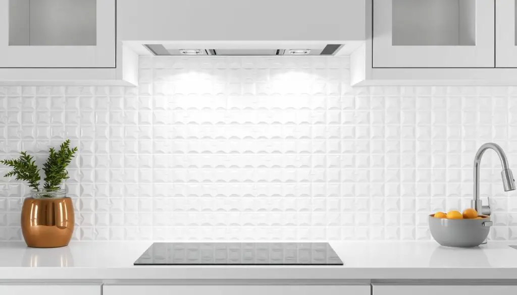 High-resolution, detailed image of a white kitchen backsplash featuring a beautiful mosaic tile design. The backsplash is the focal point, occupying the middle ground, with a crisp, bright white color scheme and a delicate, intricate pattern of tiles. The tiles have a slightly textured, matte finish, creating depth and visual interest. The backsplash is illuminated by soft, even lighting, casting gentle shadows that accentuate the tile's three-dimensional design. The background is blurred, placing emphasis on the stunning backsplash. The overall mood is clean, elegant, and serene, perfectly capturing the essence of a modern, minimalist white kitchen.