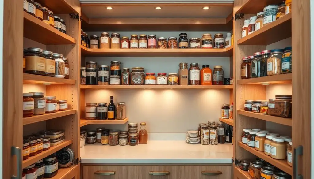 Pantry cabinet, meticulously organized with precision. Wooden shelves, each neatly stocked with labeled jars, cans, and packages. Soft, warm lighting illuminates the contents, highlighting the symmetry and order. The middle ground features a mix of staple ingredients and specialty items, arranged with care. In the background, a clean, minimalist kitchen backdrop provides a serene, uncluttered setting. A sense of tranquility and efficiency pervades the scene, inviting the viewer to envision a well-curated, functional pantry space.