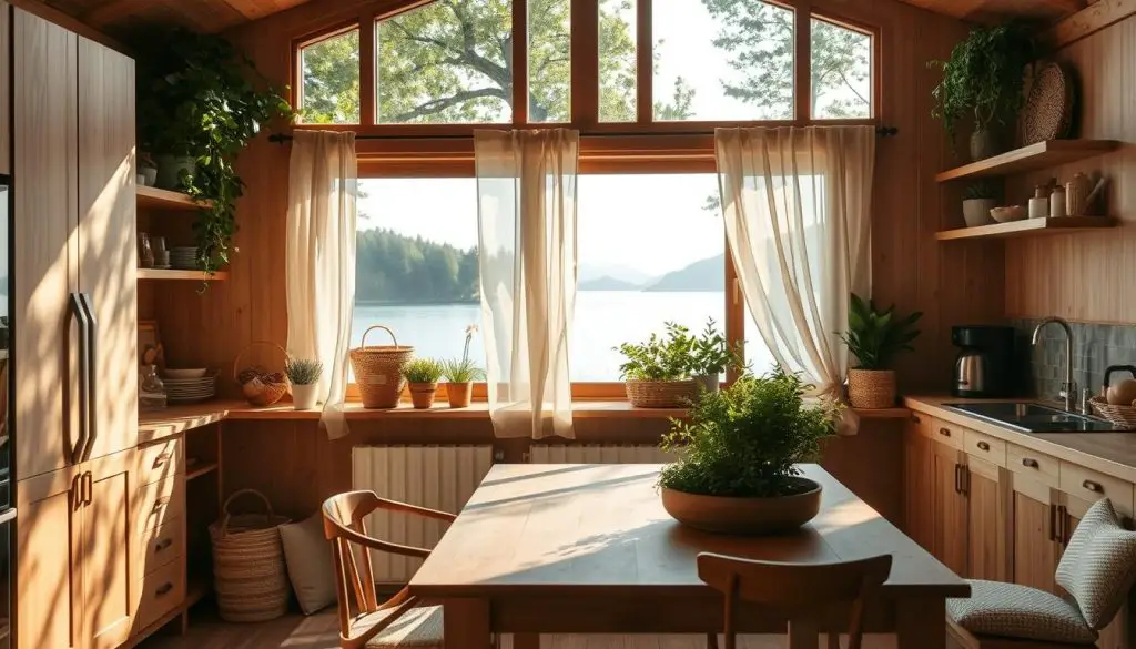 Serene nature-inspired kitchen with natural wood accents, lush greenery, and earthy tones. A warm, rustic ambiance with a large window overlooking a tranquil lake view. Dappled sunlight filters through sheer curtains, casting a soft glow on the space. Handcrafted wooden dining table, woven baskets, and a herb garden on the windowsill create a cozy, organic aesthetic. Minimal, Scandinavian-inspired furnishings complement the natural elements. Overall, a harmonious blend of the outdoors and the interior, fostering a soothing, nature-connected atmosphere. Serene nature-inspired kitchen with natural wood accents, lush greenery, and earthy tones. A warm, rustic ambiance with a large window overlooking a tranquil lake view. Dappled sunlight filters through sheer curtains, casting a soft glow on the space. Handcrafted wooden dining table, woven baskets, and a herb garden on the windowsill create a cozy, organic aesthetic. Minimal, Scandinavian-inspired furnishings complement the natural elements. Overall, a harmonious blend of the outdoors and the interior, fostering a soothing, nature-connected atmosphere.