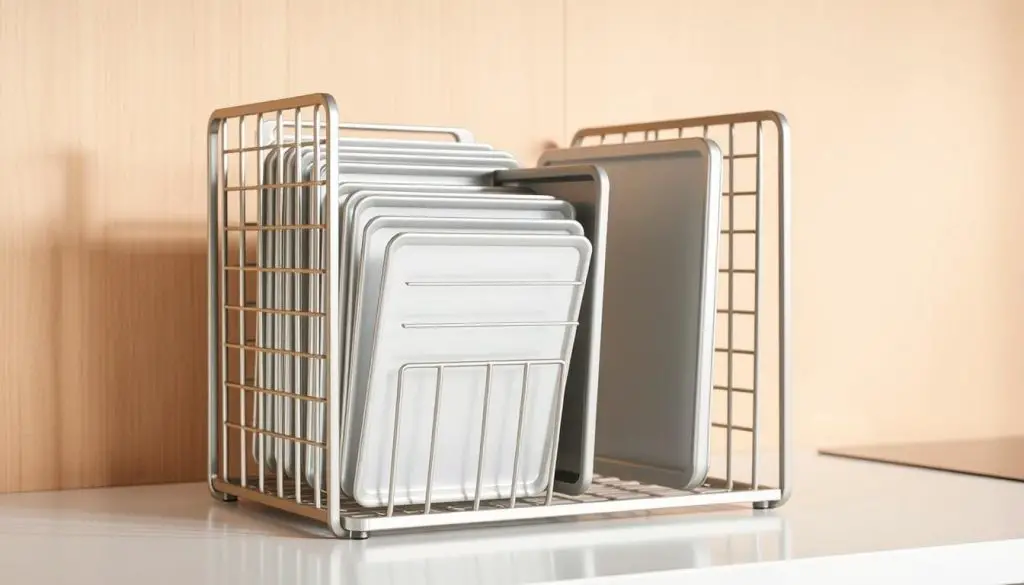 Vertical dividers for baking sheets, standing tall and sturdy on a pristine kitchen counter. Sleek metal frames in a matte silver finish, meticulously crafted to hold various sized baking trays and sheets, maintaining order and organization. Soft, diffused lighting casts gentle shadows, highlighting the clean lines and functional design. The dividers are positioned at an angle, creating a visually striking and efficient storage solution for the modern, minimalist kitchen. The background is a warm, neutral tone, allowing the dividers to take center stage and showcase their practical yet stylish purpose.