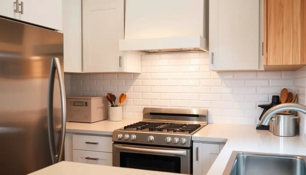 a bright, airy kitchen interior with a classic subway tile backsplash in a warm white hue, the tiles arranged in a traditional staggered pattern, creating a clean, timeless aesthetic. the backsplash extends from the countertop to the upper cabinets, framed by sleek stainless steel appliances and warm wood accents. the lighting is soft and diffused, highlighting the subtle variations in the tile texture. the overall mood is one of understated elegance and calm, perfectly suited for a small, modern kitchen.
