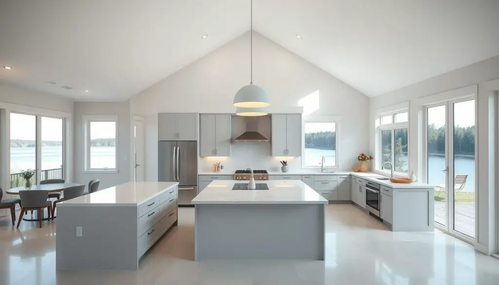a bright, airy open concept kitchen with high ceilings and large windows overlooking a serene lake. the kitchen features a central island with white marble countertops, sleek minimalist cabinets in a soft gray tone, and stainless steel appliances that gleam in the natural light. the space is bathed in warm, diffused lighting from recessed ceiling fixtures and large pendant lamps hanging above the island. the overall atmosphere is one of calm, spacious elegance, perfectly suited for a cozy lakeside retreat. a bright, airy open concept kitchen with high ceilings and large windows overlooking a serene lake. the kitchen features a central island with white marble countertops, sleek minimalist cabinets in a soft gray tone, and stainless steel appliances that gleam in the natural light. the space is bathed in warm, diffused lighting from recessed ceiling fixtures and large pendant lamps hanging above the island. the overall atmosphere is one of calm, spacious elegance, perfectly suited for a cozy lakeside retreat.