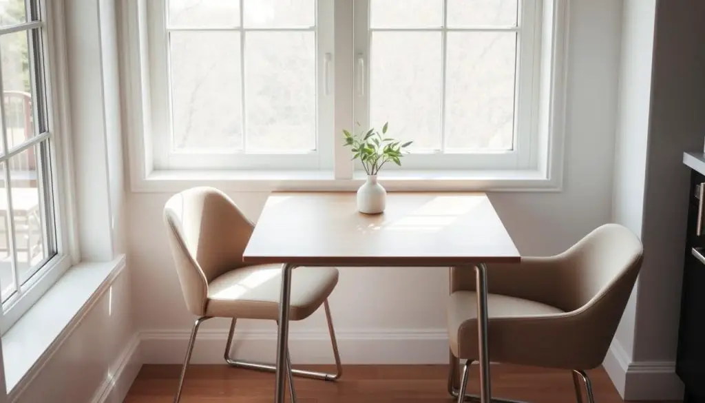 a compact, minimalist dining table in a bright and airy kitchen nook, featuring a sleek rectangular tabletop made of light-colored wood, resting on slender metal legs. The table is surrounded by a pair of contemporary upholstered chairs in a neutral color, arranged in a cozy, intimate setting. Soft, diffused natural light filters in through large windows, casting a warm glow and creating a welcoming, inviting atmosphere. The overall scene conveys a sense of sophisticated, space-saving design tailored for a small kitchen or breakfast area.