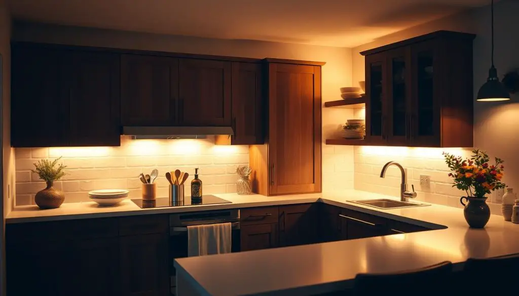 a cozy and inviting kitchen with a layered lighting scheme, soft ambient lighting from above illuminating the space, highlighting the rich wood tones and sleek countertops, warm task lighting under the cabinets casting a gentle glow, and subtle accent lights drawing attention to key architectural details, creating a harmonious and atmospheric scene that exudes a sense of comfort and relaxation a cozy and inviting kitchen with a layered lighting scheme, soft ambient lighting from above illuminating the space, highlighting the rich wood tones and sleek countertops, warm task lighting under the cabinets casting a gentle glow, and subtle accent lights drawing attention to key architectural details, creating a harmonious and atmospheric scene that exudes a sense of comfort and relaxation