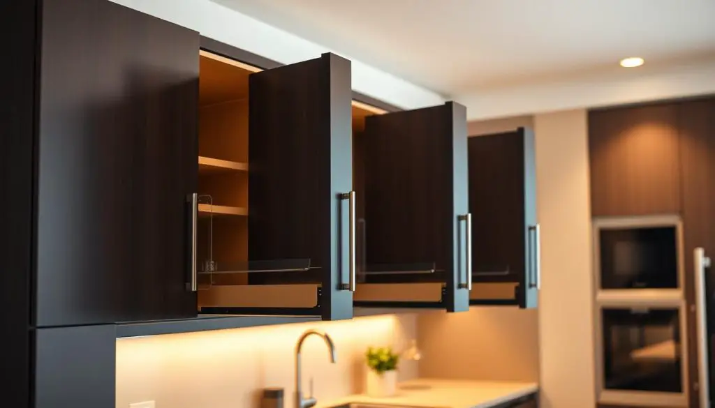 a high-quality, detailed image of a modern kitchen interior with a set of pull-out cabinets in the foreground. The cabinets are sleek and minimalist, with smooth, glossy dark wood or laminate fronts and chrome hardware. The cabinets are fully extended, revealing their internal storage space and organization features like adjustable shelves and dividers. The lighting is warm and even, casting a soft glow on the cabinets and the surrounding kitchen. The background shows other kitchen elements like countertops, appliances, and perhaps a window or backsplash, all in a cohesive, high-end design. The overall mood is one of functional elegance and efficient storage solutions for a small kitchen space.
