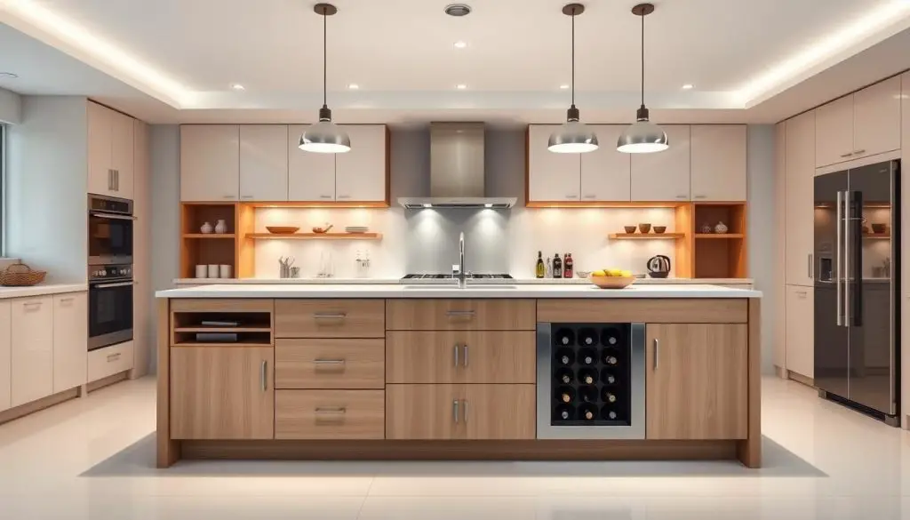 a high-quality, photorealistic image of a modern, well-lit kitchen island with various storage solutions, including open shelves, drawers, and a built-in wine rack. The island is made of a light-colored wood or quartz countertop, with a sleek, minimalist design. The lighting is a combination of recessed ceiling lights and pendant lamps, creating a warm and inviting atmosphere. The scene is captured from a slightly elevated angle, showcasing the island's functionality and integrated storage options. The background features a clean, white kitchen with neutral-toned cabinets and appliances, emphasizing the central role of the island in the room's design.
