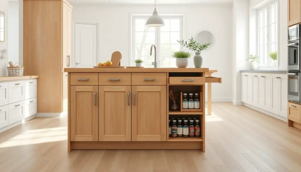 a highly detailed photorealistic image of a multi-functional kitchen furniture piece in a bright, airy kitchen setting. The piece is a sleek, modern wooden kitchen island with a smooth, minimalist design. It features multiple storage compartments, a built-in cutting board, and a pull-out spice rack. The island is positioned in the center of the kitchen, bathed in natural light from large windows. The background showcases white walls, light-colored wood floors, and minimal decor, creating a clean, uncluttered atmosphere. The lighting is soft and diffused, highlighting the natural textures and tones of the furniture. The overall scene conveys a sense of functionality, organization, and streamlined kitchen design.