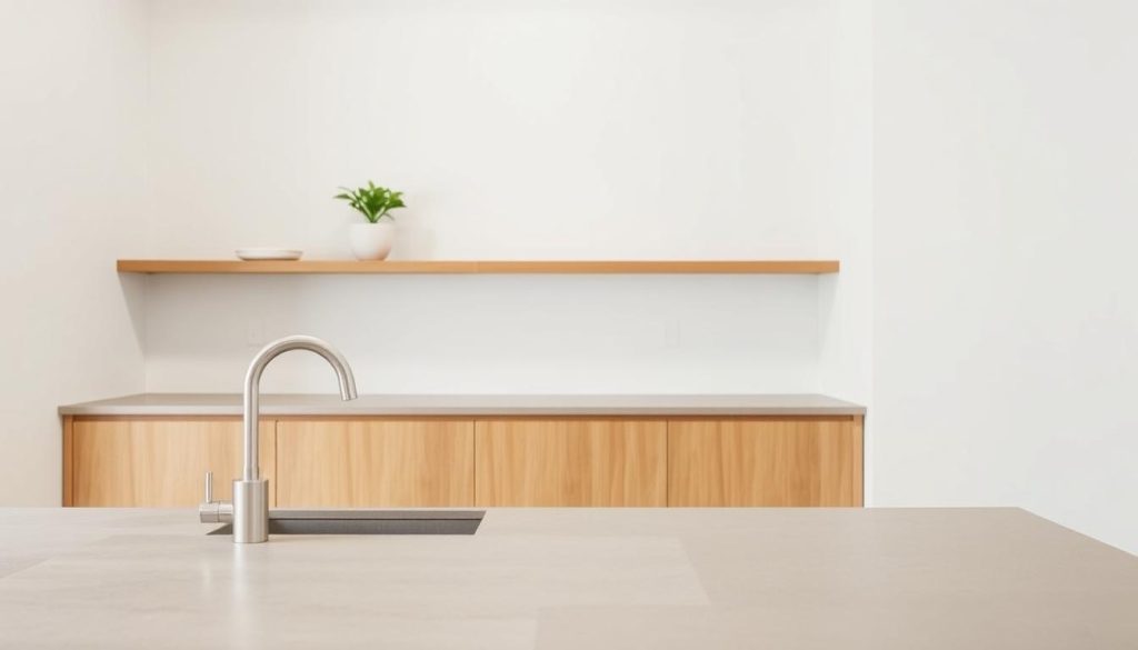 a minimalist kitchen with clean lines, natural materials, and a focus on functionality. the foreground features a sleek countertop made of polished concrete or quartz, with a single sink and minimalist faucet. the middle ground showcases a pair of floating shelves displaying a few carefully curated items, such as a potted plant and a simple ceramic vase. the background depicts a plain white or light gray wall, creating a serene and uncluttered atmosphere. the lighting is soft and diffused, emphasizing the natural tones and textures of the space. the overall mood is one of calm, simplicity, and a sense of balance.