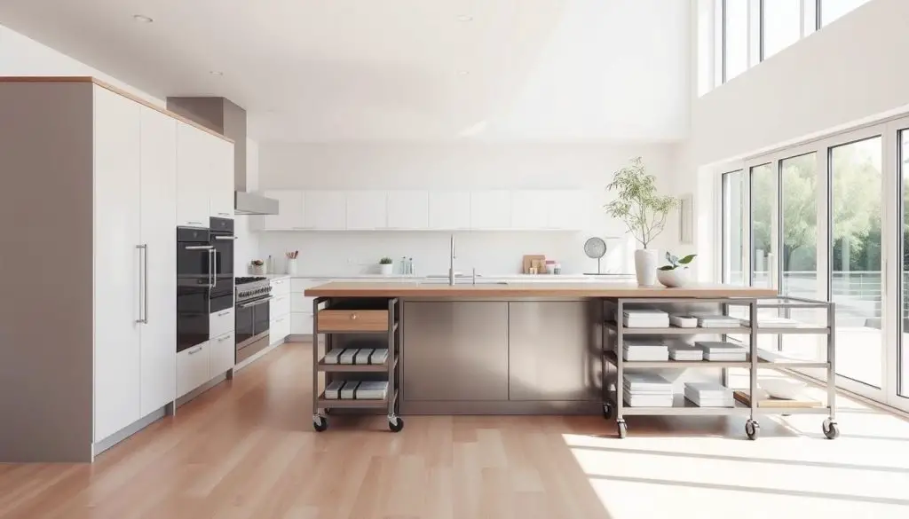 a modern, minimalist kitchen design with an open, airy feel, featuring a large central island or peninsula with a wood or stone countertop, a mix of stainless steel and white or light-colored cabinets below, and a rolling cart or freestanding shelving unit on wheels for added storage and flexibility. The space is filled with natural light from large windows or sliding glass doors, creating a bright and inviting atmosphere. The walls are painted in a neutral, calming color palette, and the floor is a light-colored hardwood or tile. Overall, the design emphasizes clean lines, functionality, and a sense of openness and flexibility.