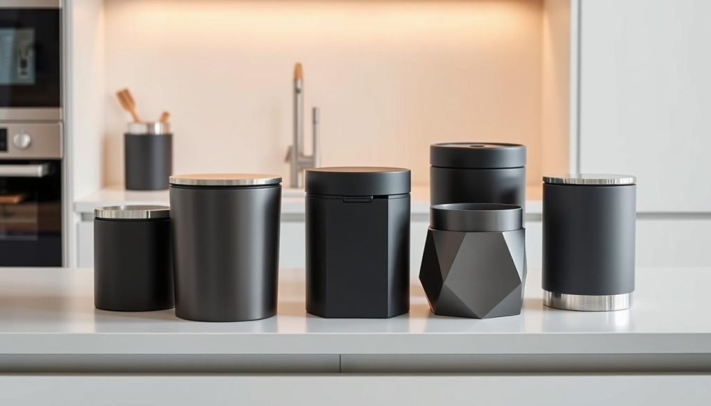 a photo of a stylish collection of small, modern kitchen trash receptacles. the receptacles are arranged on a clean, minimalist kitchen counter or table, with a simple, neutral-colored background. the trash cans are made of high-quality materials such as stainless steel, matte black metal, or sleek, powder-coated finishes. the shapes are geometric and streamlined, with subtle, thoughtful design details that elevate their aesthetic appeal. the lighting is soft and diffused, creating a warm, inviting atmosphere that showcases the receptacles' refined, sophisticated look. the overall composition is well-balanced, highlighting the trash cans as the focal point while maintaining a clutter-free, visually appealing presentation. a photo of a stylish collection of small, modern kitchen trash receptacles. the receptacles are arranged on a clean, minimalist kitchen counter or table, with a simple, neutral-colored background. the trash cans are made of high-quality materials such as stainless steel, matte black metal, or sleek, powder-coated finishes. the shapes are geometric and streamlined, with subtle, thoughtful design details that elevate their aesthetic appeal. the lighting is soft and diffused, creating a warm, inviting atmosphere that showcases the receptacles' refined, sophisticated look. the overall composition is well-balanced, highlighting the trash cans as the focal point while maintaining a clutter-free, visually appealing presentation.