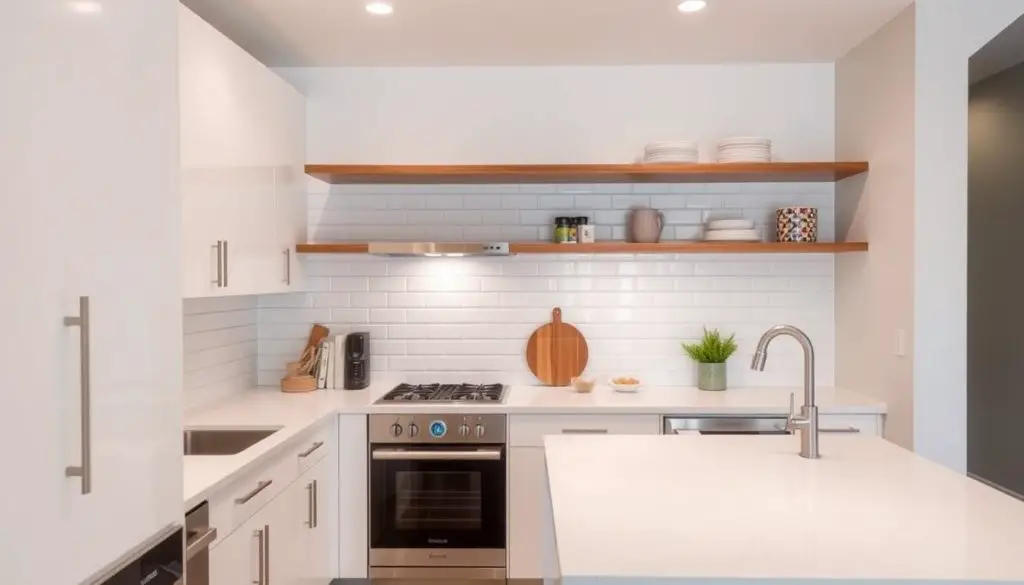 a small modern kitchen with a peninsula design, featuring open shelving above the peninsula. The kitchen has a clean, minimalist aesthetic with white cabinets, quartz countertops, and a subway tile backsplash. The peninsula extends from the main counter, creating an additional workspace and informal dining area. Warm wood accents on the open shelves contrast with the cool tones of the kitchen. Soft, diffused lighting illuminates the space, creating a cozy and inviting atmosphere. The layout is designed to maximize functionality and flow, with a focus on storage and organization. The overall impression is one of a thoughtfully designed, efficient small kitchen that seamlessly integrates the peninsula and open shelving. a small modern kitchen with a peninsula design, featuring open shelving above the peninsula. The kitchen has a clean, minimalist aesthetic with white cabinets, quartz countertops, and a subway tile backsplash. The peninsula extends from the main counter, creating an additional workspace and informal dining area. Warm wood accents on the open shelves contrast with the cool tones of the kitchen. Soft, diffused lighting illuminates the space, creating a cozy and inviting atmosphere. The layout is designed to maximize functionality and flow, with a focus on storage and organization. The overall impression is one of a thoughtfully designed, efficient small kitchen that seamlessly integrates the peninsula and open shelving.