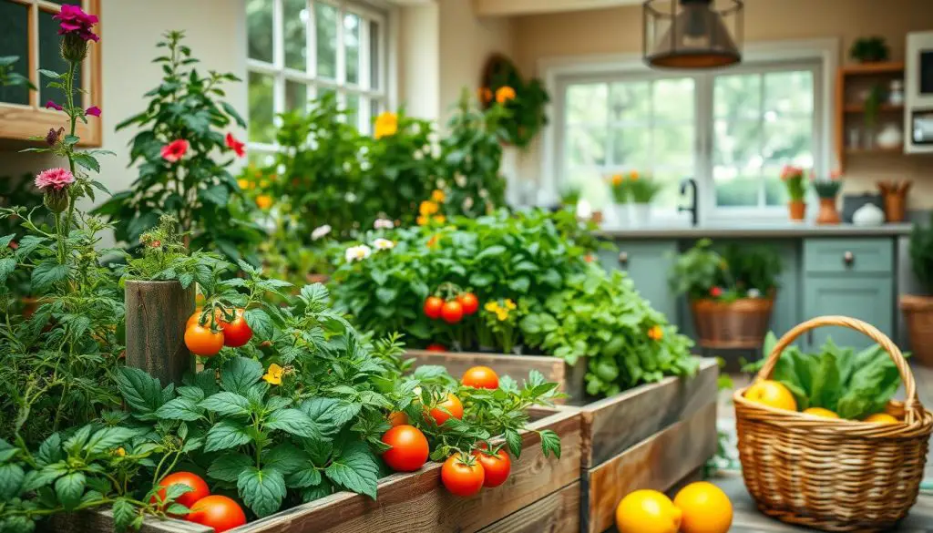 a small, sunny kitchen garden with raised planter beds overflowing with lush, vibrant herbs and vegetables. The foreground features a variety of fresh greens, tomatoes, and colorful edible flowers. In the middle ground, rustic wooden planters sit atop a stone or brick patio, with a woven basket of fresh-picked produce nearby. The background showcases a cheerful, airy kitchen with large windows that flood the space with natural light, creating a warm, inviting atmosphere. The scene has a soft, diffused lighting, capturing the natural beauty and abundance of the kitchen garden.
