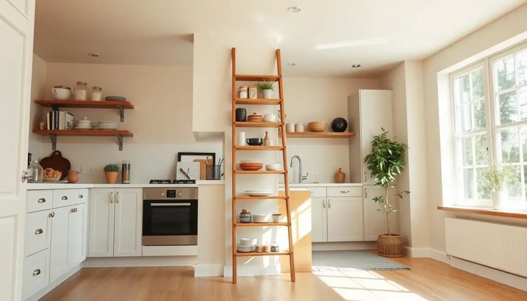 a well-lit, spacious kitchen interior with a wooden ladder leaning against the wall, serving as a functional and decorative storage solution. The ladder features several shelves, displaying an assortment of kitchen essentials such as cookbooks, jars, and decorative accents. The kitchen has a warm, inviting atmosphere, with natural light streaming in through large windows, illuminating the clean, minimalist aesthetic. The floor is a light-colored hardwood, and the walls feature a neutral, earthy tone, creating a cohesive and visually appealing space. The camera angle is positioned to showcase the ladder's prominent role as a unique and practical storage solution, complementing the overall small kitchen design.